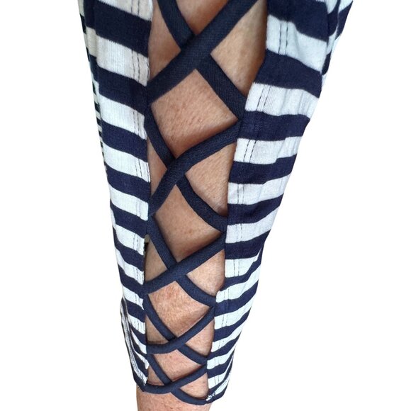 Per Seption Women Navy White Striped Top 2X Openwork Sleeves Nautical Tee NEW - Picture 4 of 13